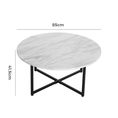 White Marble Effect Round Coffee Table with Black Legs - Cosy Abode