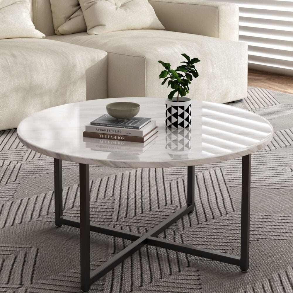 White Marble Effect Round Coffee Table with Black Legs - Cosy Abode