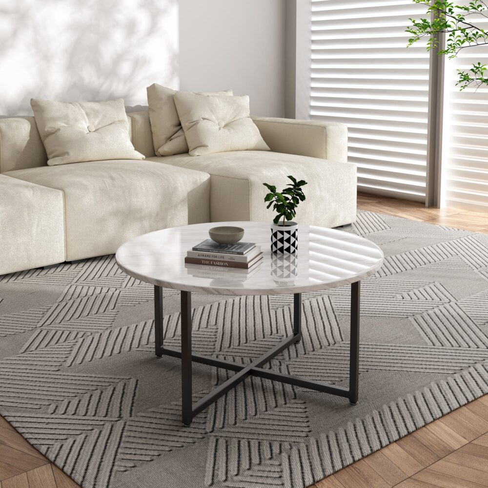 White Marble Effect Round Coffee Table with Black Legs - Cosy Abode