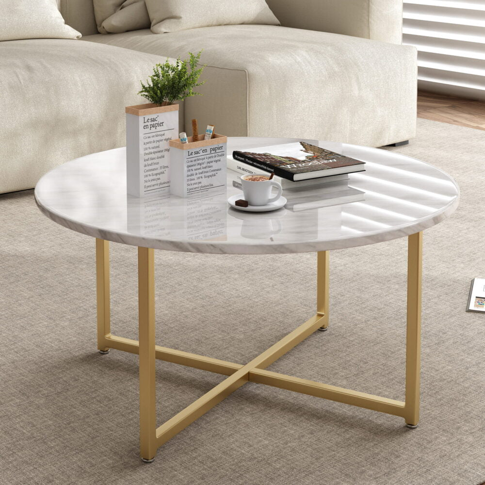 White Marble Effect Round Coffee Table with Gold Legs - Cosy Abode