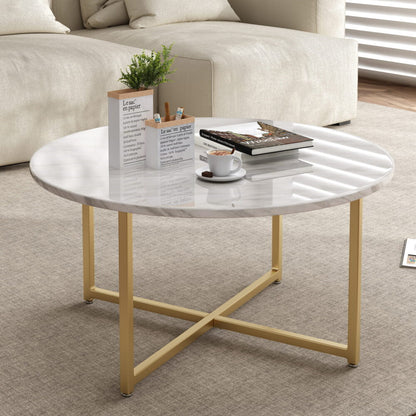 White Marble Effect Round Coffee Table with Gold Legs - Cosy Abode