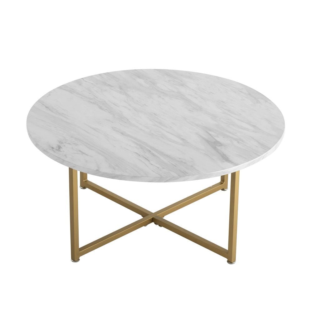White Marble Effect Round Coffee Table with Gold Legs - Cosy Abode
