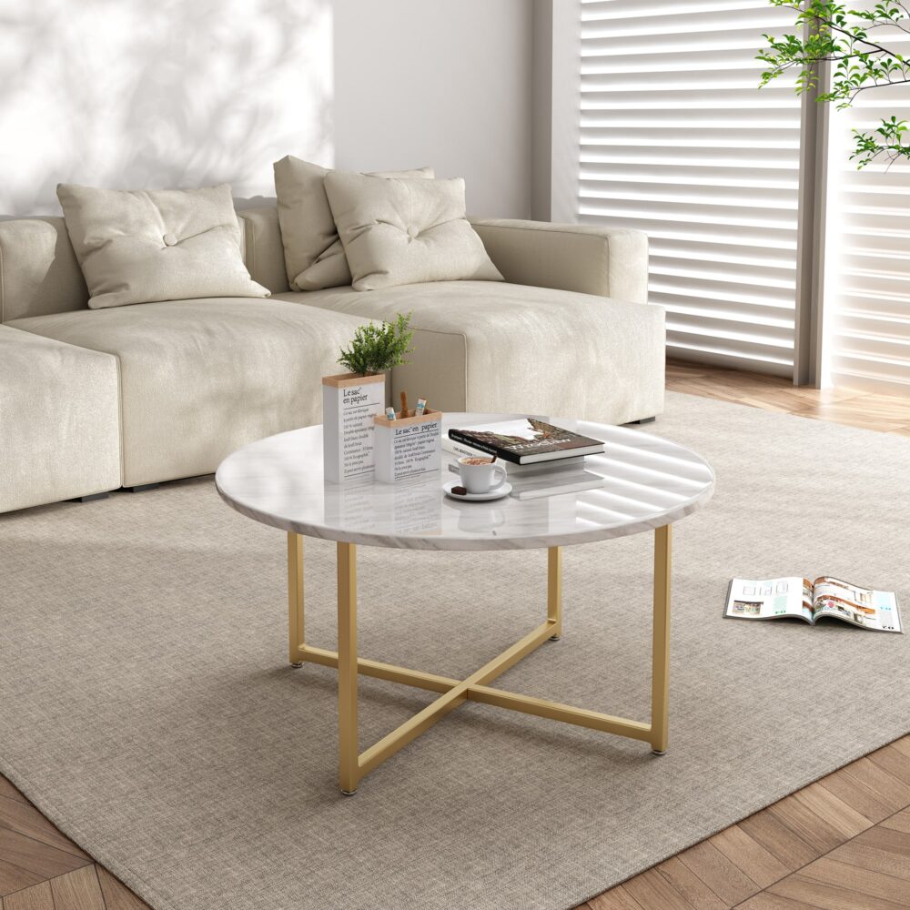 White Marble Effect Round Coffee Table with Gold Legs - Cosy Abode