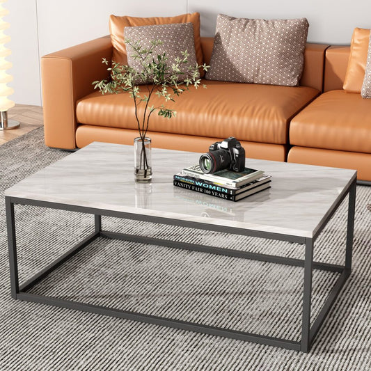 Industrial Style Marble Effect Rectangular Coffee Table - Cosy Abode