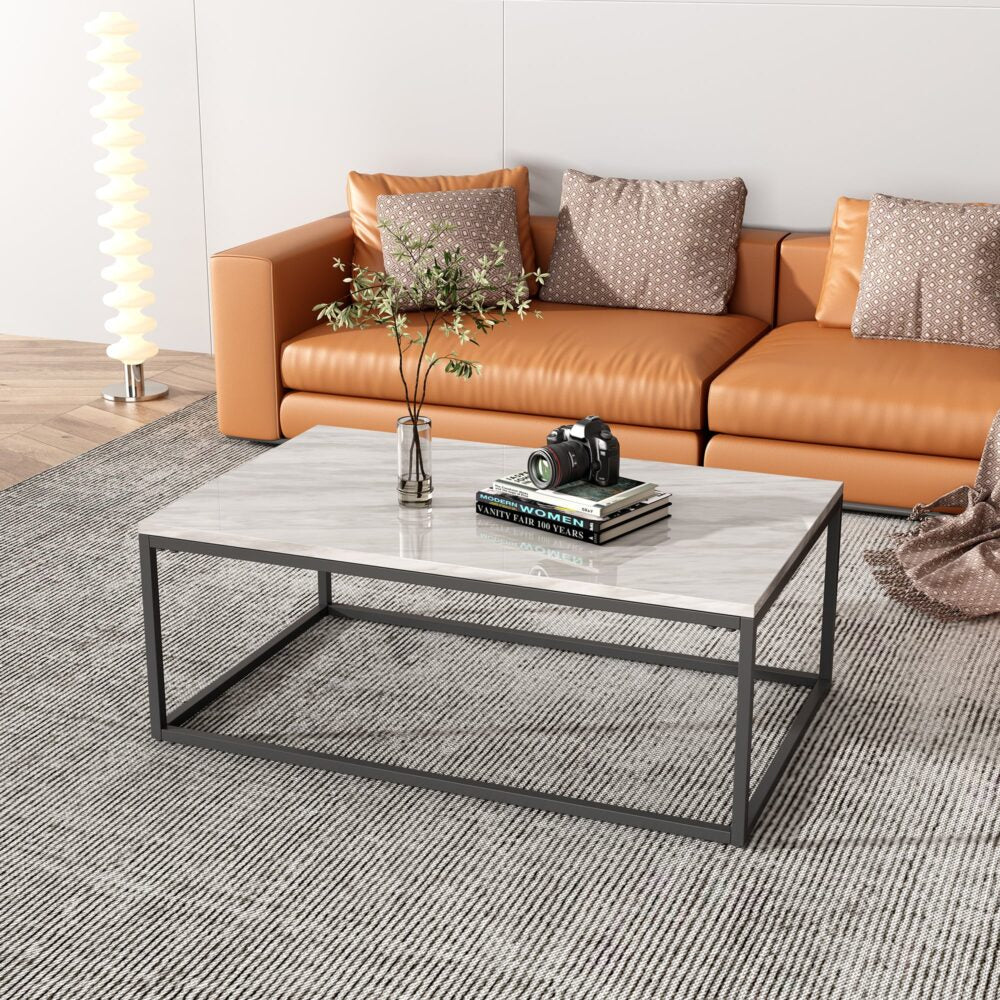 Industrial Style Marble Effect Rectangular Coffee Table - Cosy Abode