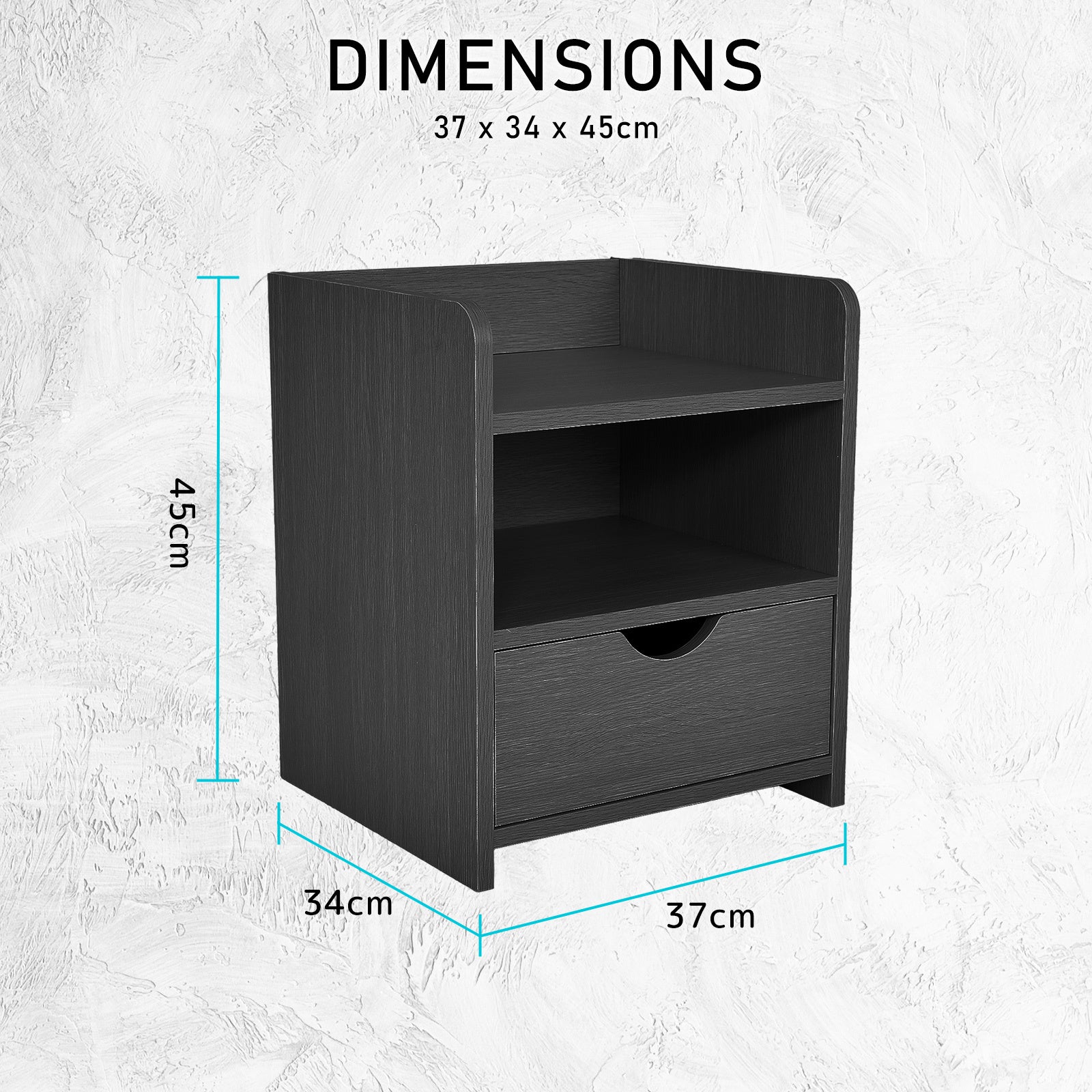 Bedside Table Side Storage Cabinet Nightstand 1 Drawer 2 Shelf LARK BLACK - Cosy Abode
