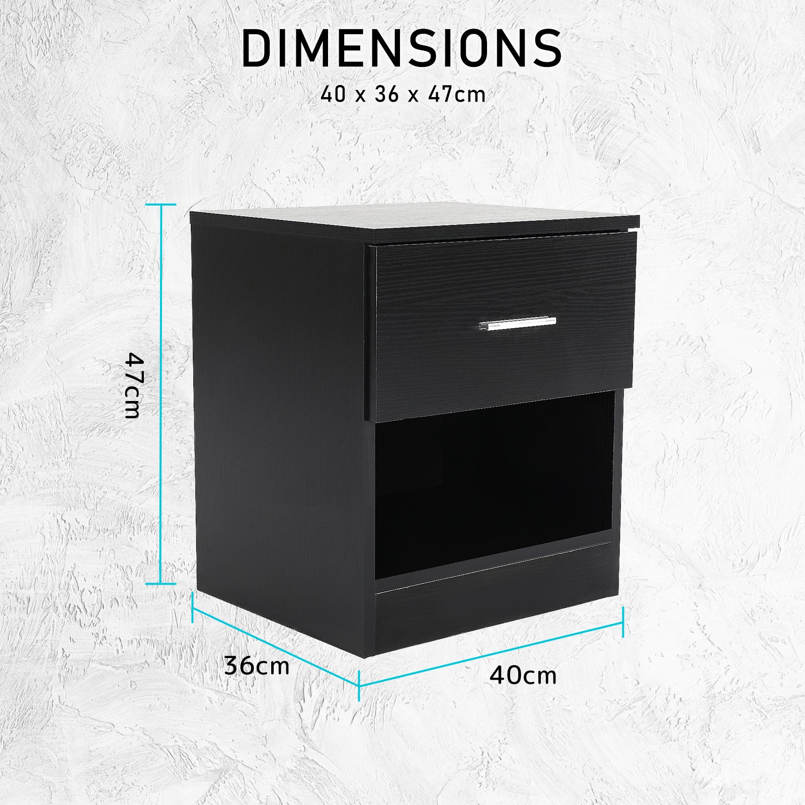 Bedside Table Side Storage Cabinet Nightstand Bedroom 1 Drawer 1 Shelf ELLA - BLACK - Cosy Abode