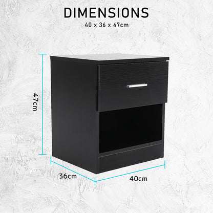 Bedside Table Side Storage Cabinet Nightstand Bedroom 1 Drawer 1 Shelf ELLA - BLACK - Cosy Abode