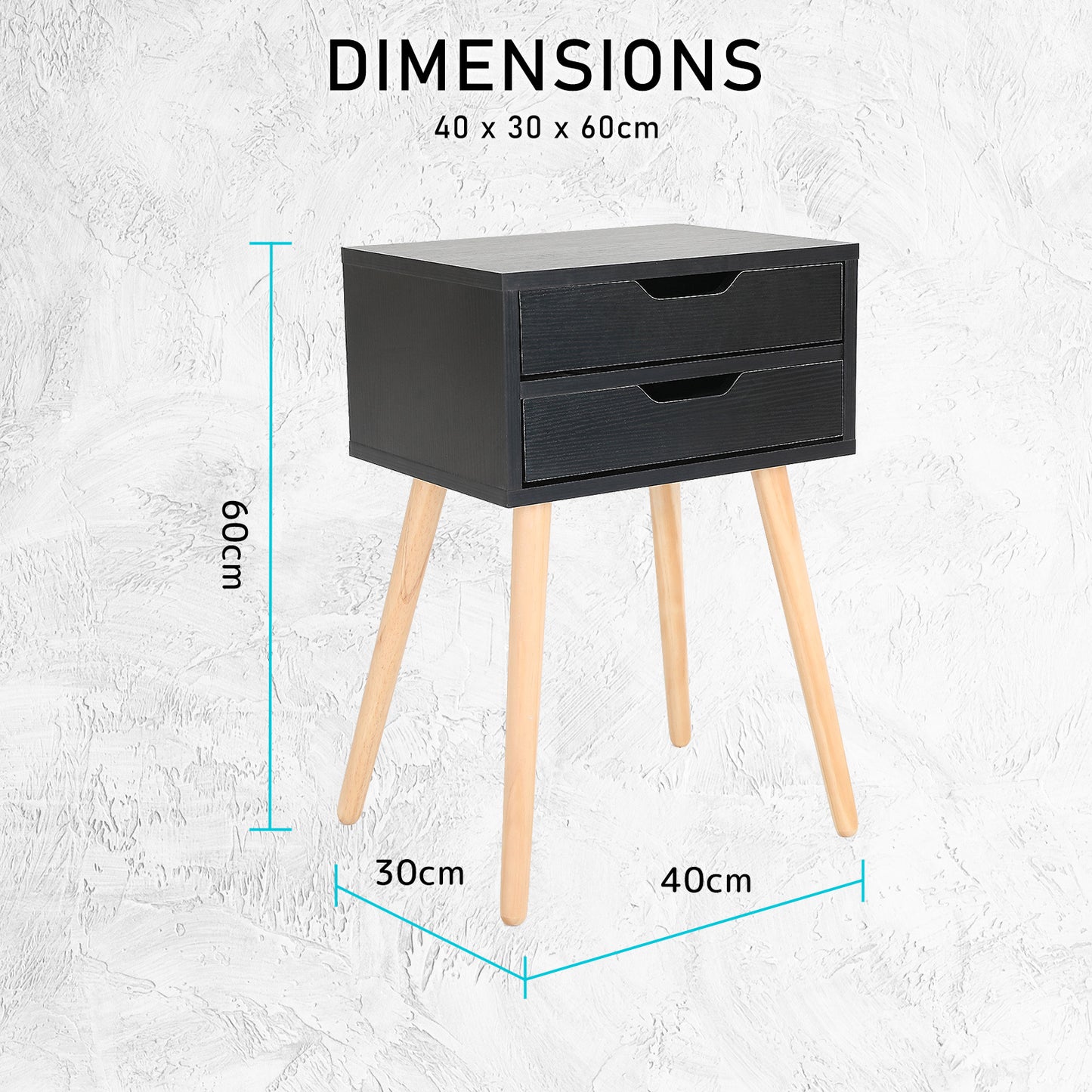 Bedside Table 2 Drawer Wood Leg Storage Cabinet Nightstand SUZY BLACK - Cosy Abode