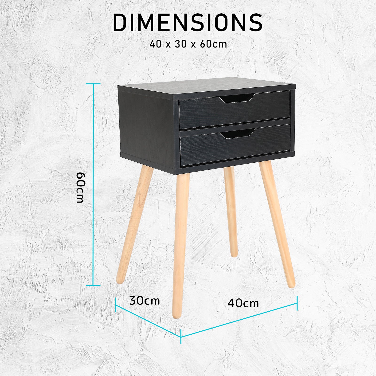 Bedside Table 2 Drawer Wood Leg Storage Cabinet Nightstand SUZY BLACK - Cosy Abode