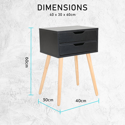 Bedside Table 2 Drawer Wood Leg Storage Cabinet Nightstand SUZY BLACK - Cosy Abode