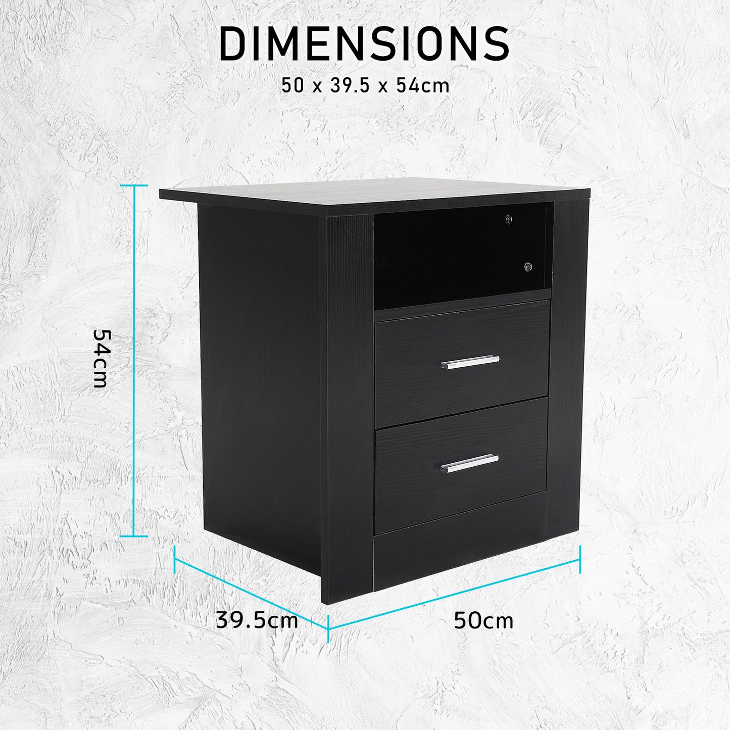 Bedside Table Side Storage Cabinet Nightstand Bedroom 2 Drawer 1 Shelf ZURI BLACK - Cosy Abode
