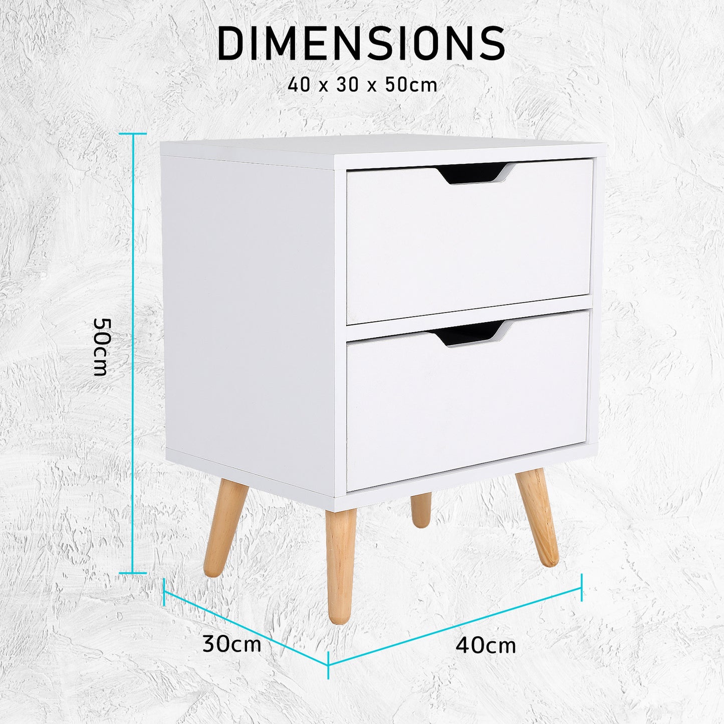 Bedside Table 2 Drawer Wood Leg Storage Cabinet Nightstand KIYO WHITE - Cosy Abode