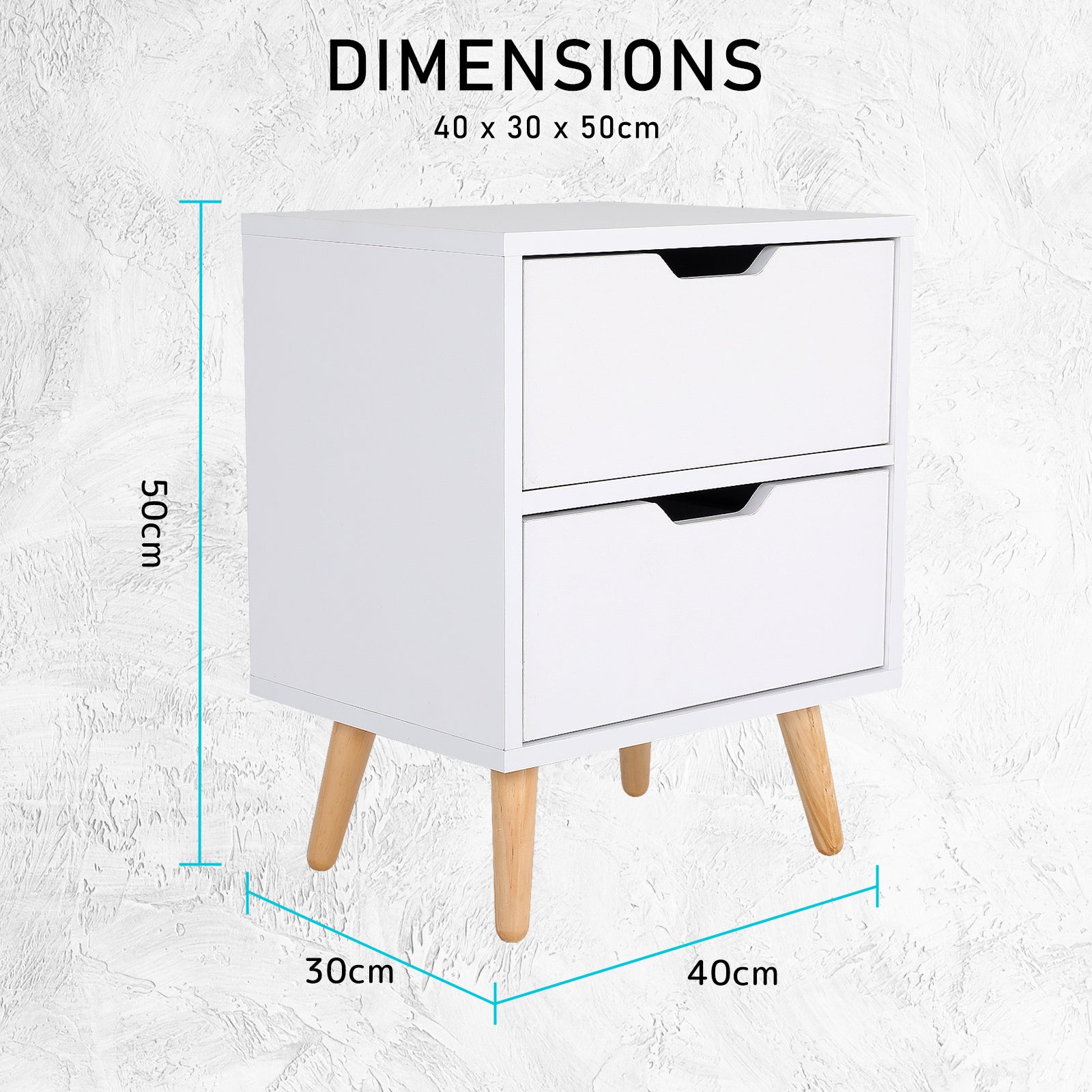 Bedside Table 2 Drawer Wood Leg Storage Cabinet Nightstand KIYO WHITE - Cosy Abode