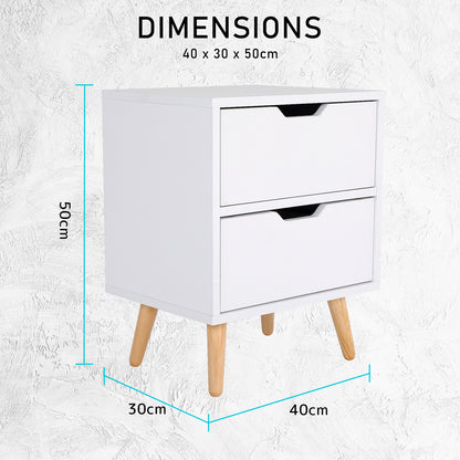 Bedside Table 2 Drawer Wood Leg Storage Cabinet Nightstand KIYO WHITE - Cosy Abode