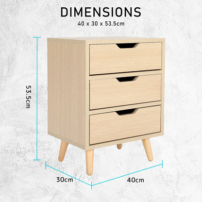 Bedside Table 3 Drawer Wood Leg Storage Cabinet Nightstand LACY OAK - Cosy Abode