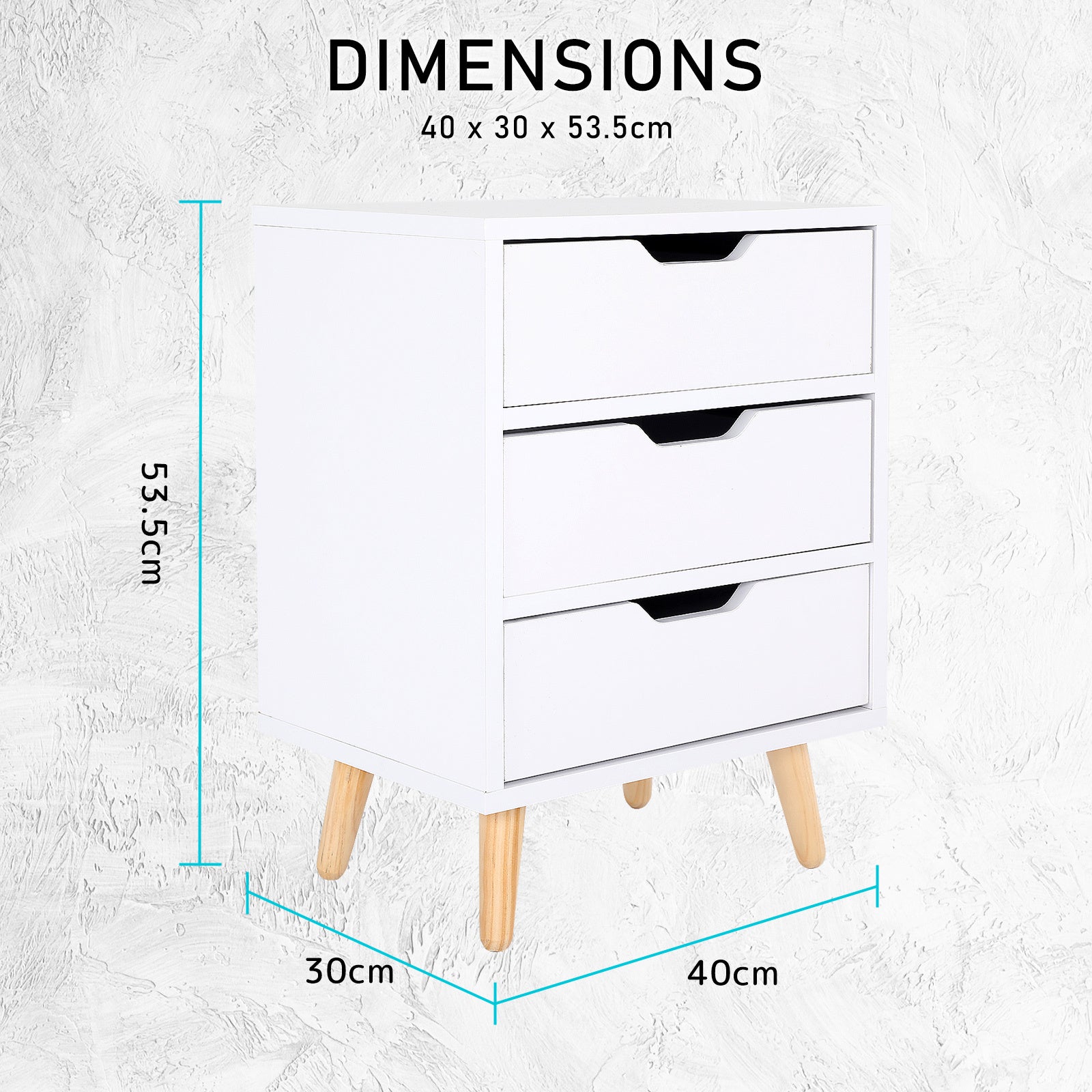 Bedside Table 3 Drawer Wood Leg Storage Cabinet Nightstand LACY WHITE - Cosy Abode