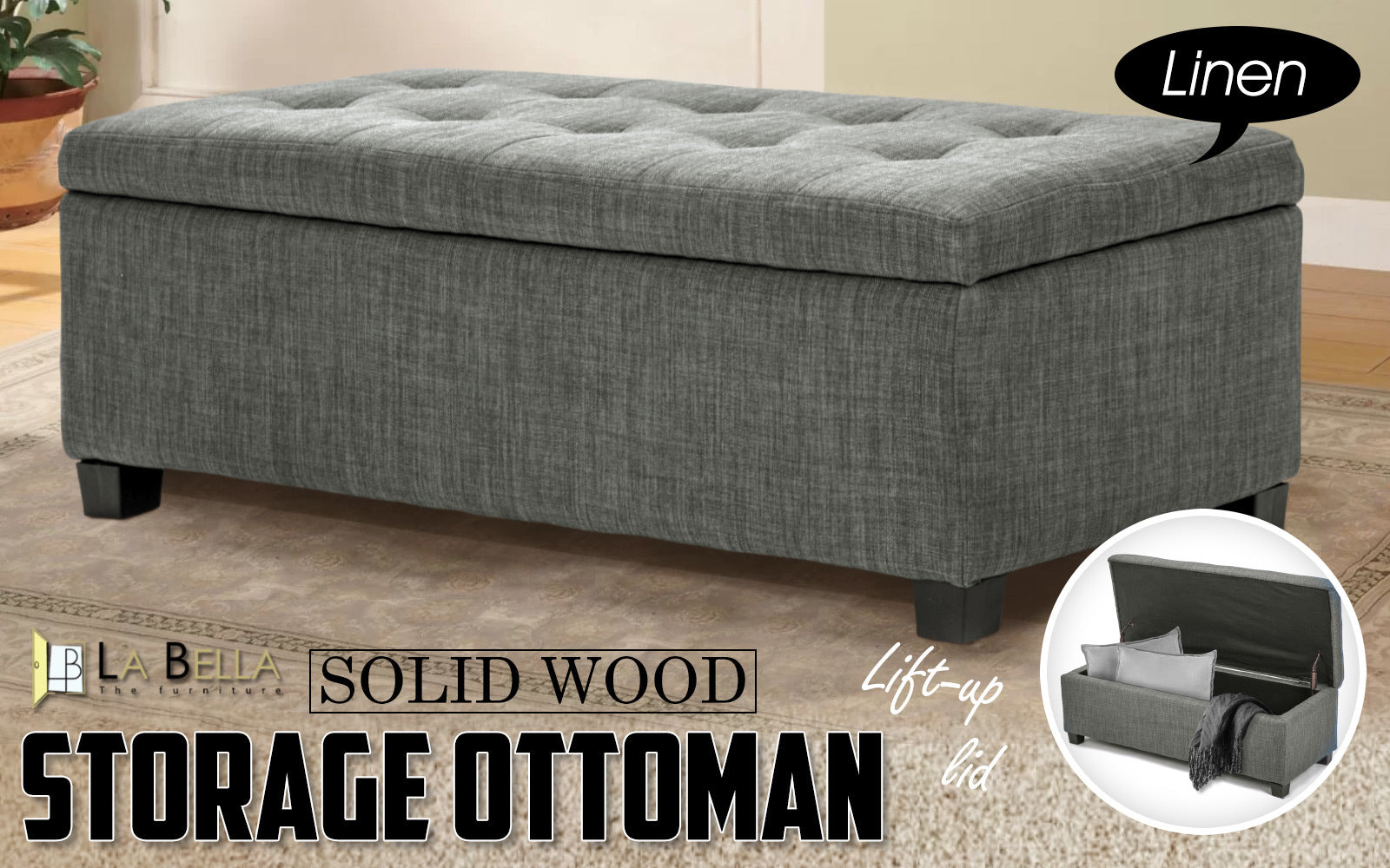 Storage Ottoman Stool 102cm Fabric DARK GREY - Cosy Abode