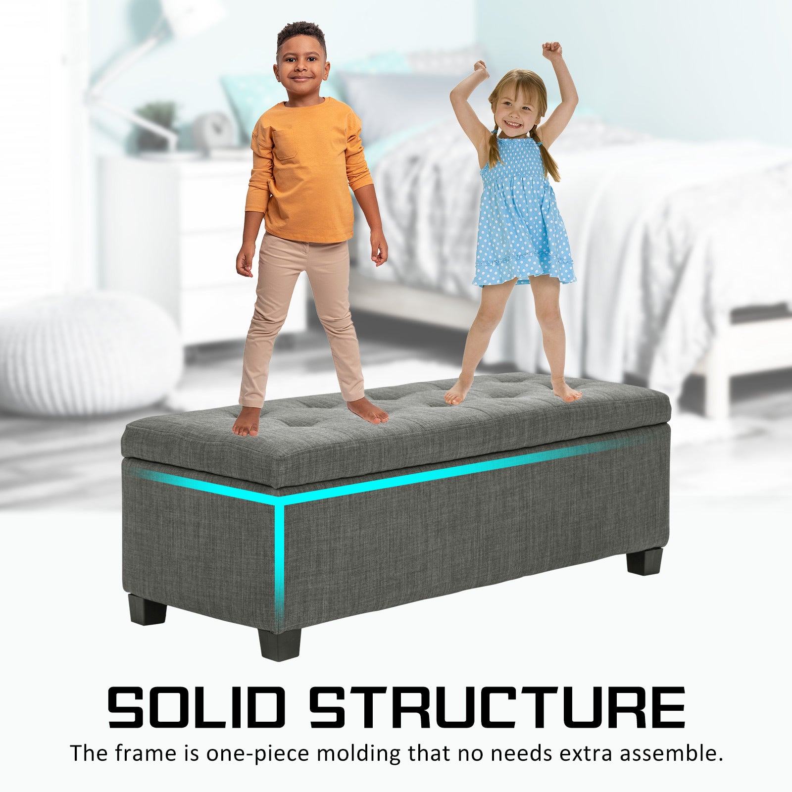 Storage Ottoman Stool 102cm Fabric DARK GREY - Cosy Abode