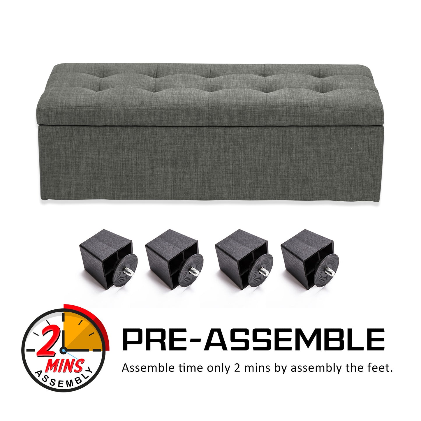 Storage Ottoman Stool 102cm Fabric DARK GREY - Cosy Abode