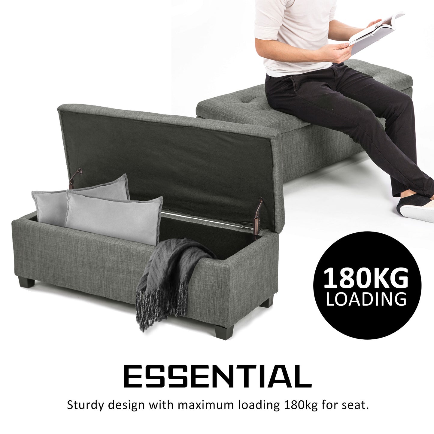 Storage Ottoman Stool 102cm Fabric DARK GREY - Cosy Abode