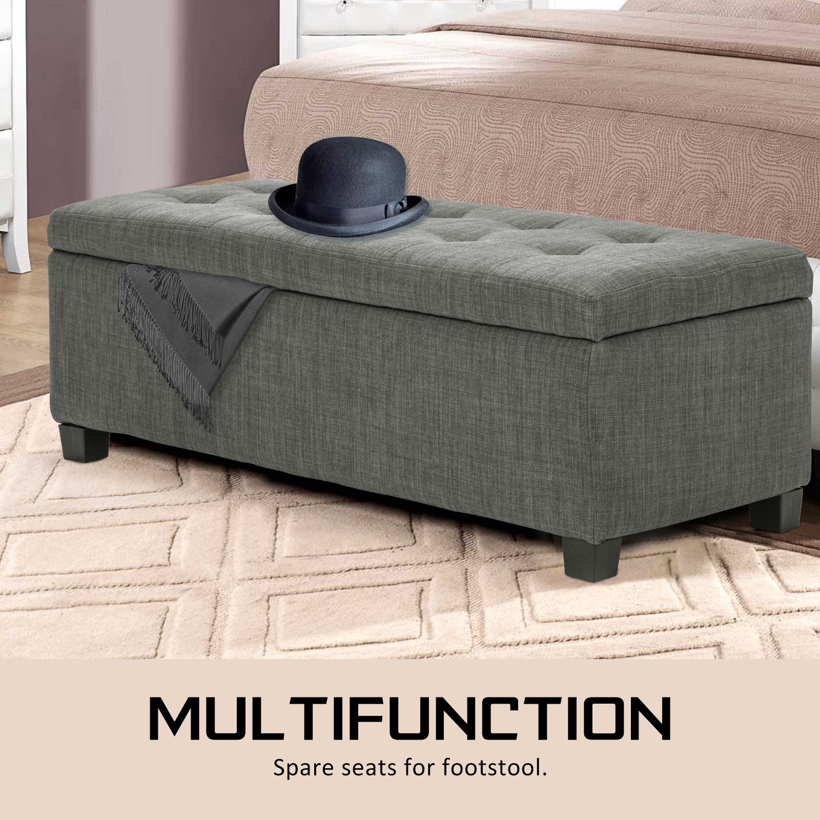 Storage Ottoman Stool 102cm Fabric DARK GREY - Cosy Abode