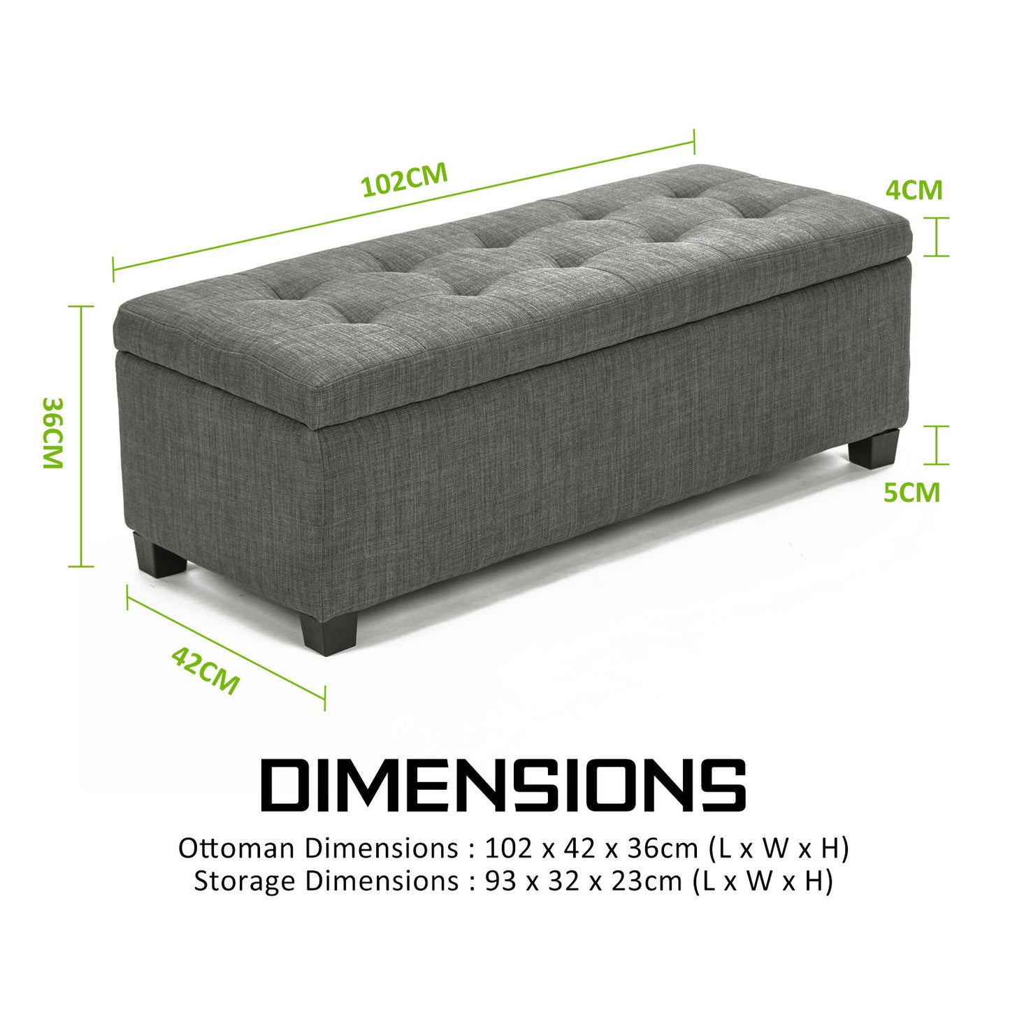 Storage Ottoman Stool 102cm Fabric DARK GREY - Cosy Abode