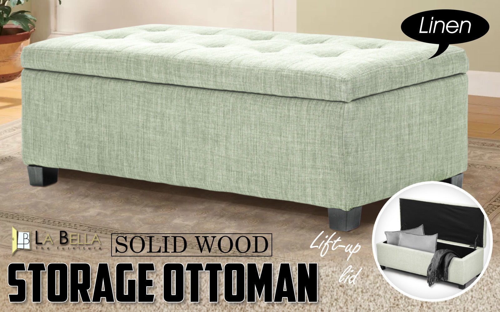 Storage Ottoman Stool 102cm Fabric LIGHT GREEN - Cosy Abode