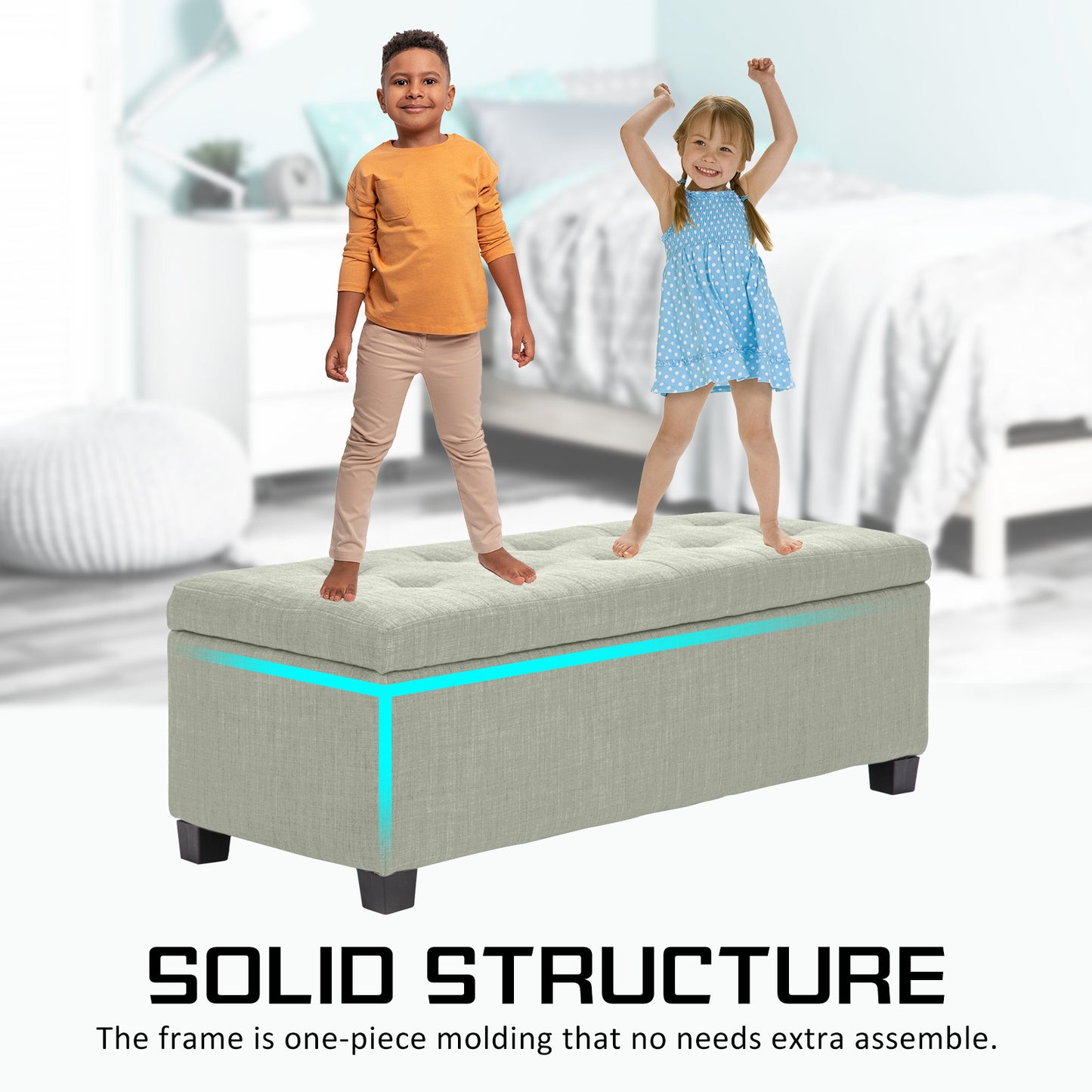 Storage Ottoman Stool 102cm Fabric LIGHT GREEN - Cosy Abode