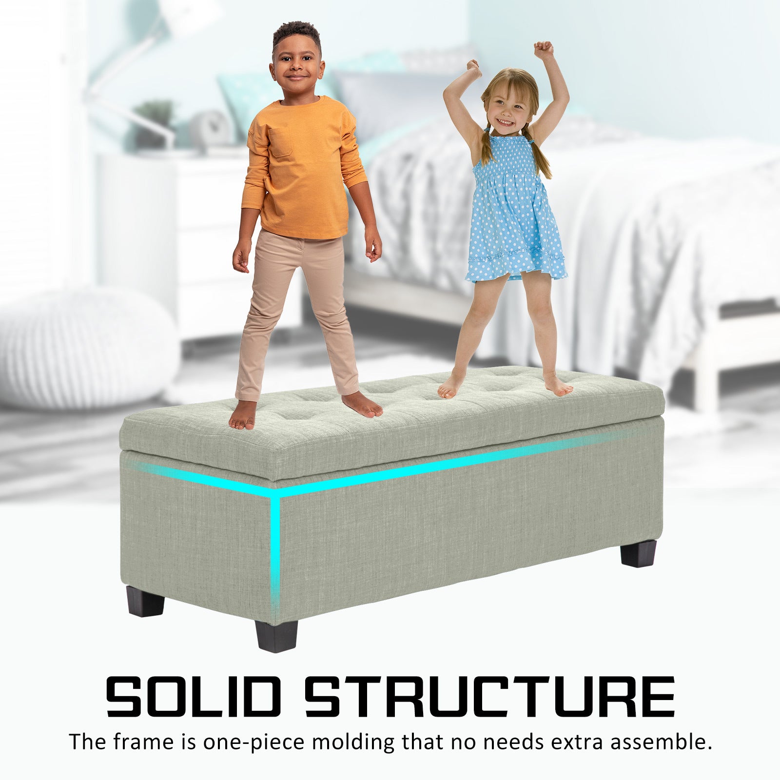 Storage Ottoman Stool 102cm Fabric LIGHT GREEN - Cosy Abode