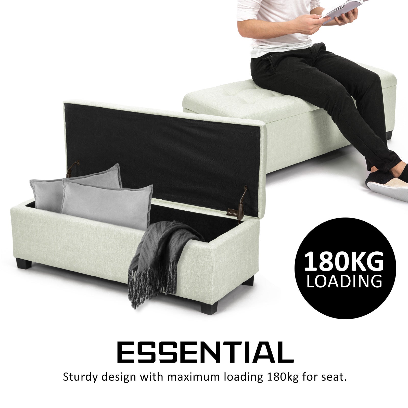 Storage Ottoman Stool 102cm Fabric LIGHT GREEN - Cosy Abode