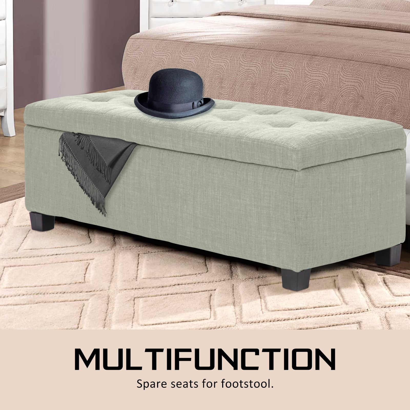 Storage Ottoman Stool 102cm Fabric LIGHT GREEN - Cosy Abode