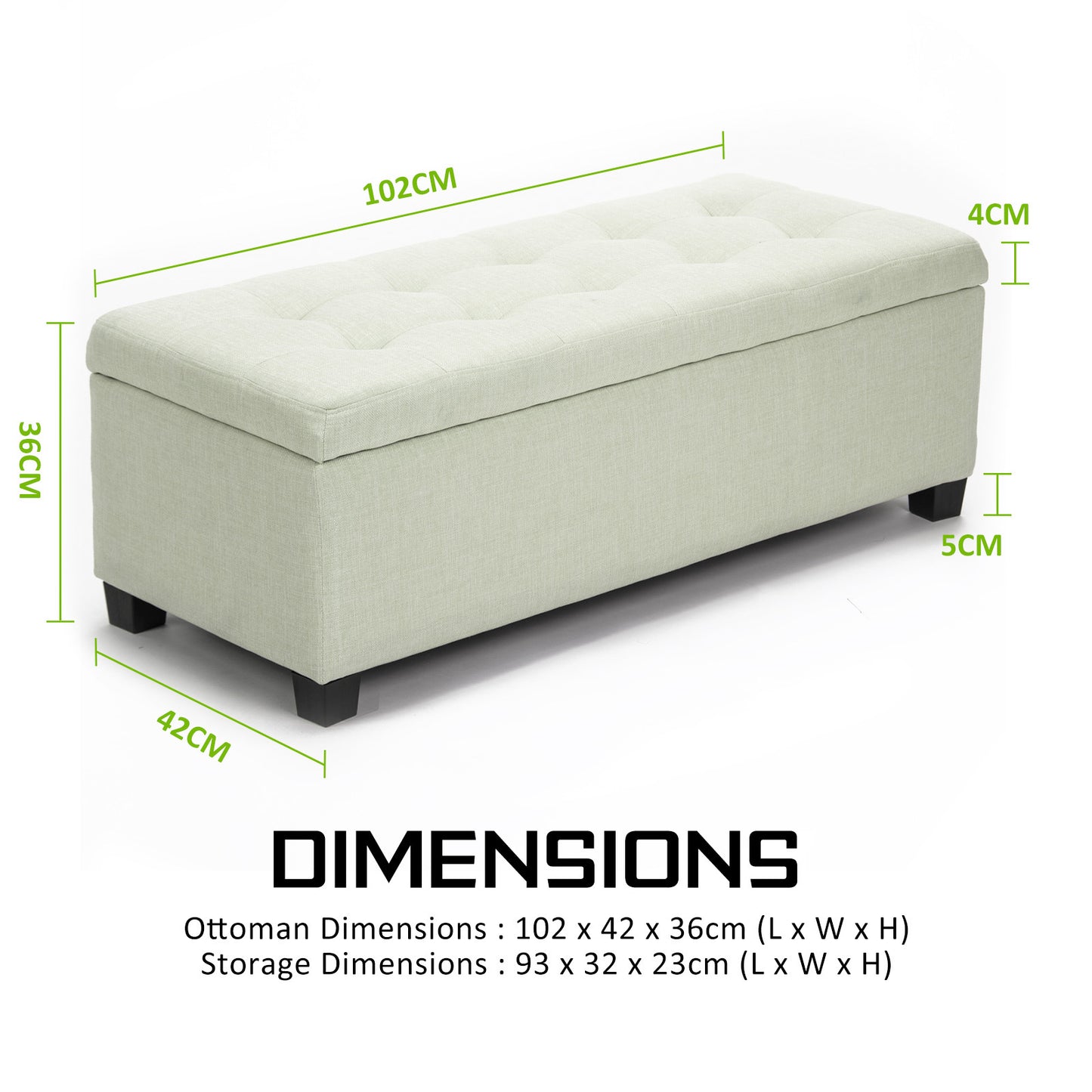 Storage Ottoman Stool 102cm Fabric LIGHT GREEN - Cosy Abode