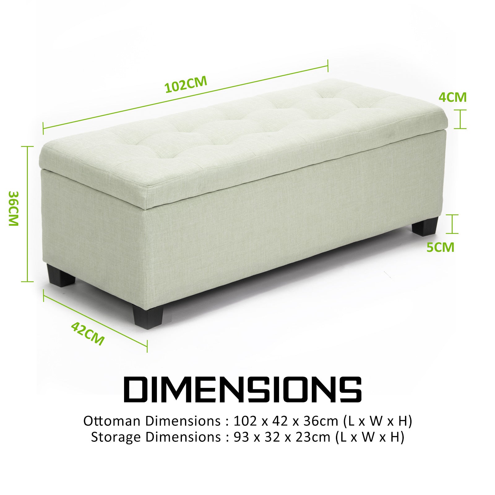Storage Ottoman Stool 102cm Fabric LIGHT GREEN - Cosy Abode