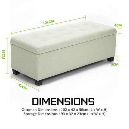 Storage Ottoman Stool 102cm Fabric LIGHT GREEN - Cosy Abode