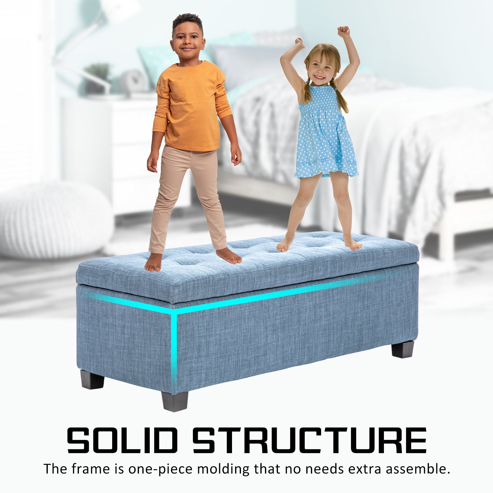 Storage Ottoman Stool 102cm Fabric LIGHT GREY BLUE - Cosy Abode