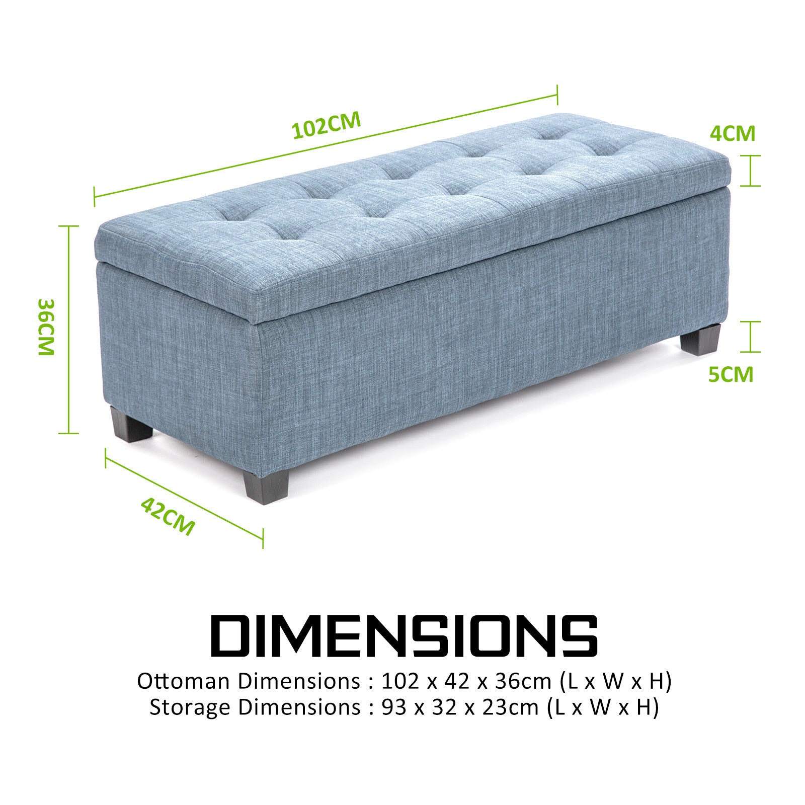 Storage Ottoman Stool 102cm Fabric LIGHT GREY BLUE - Cosy Abode