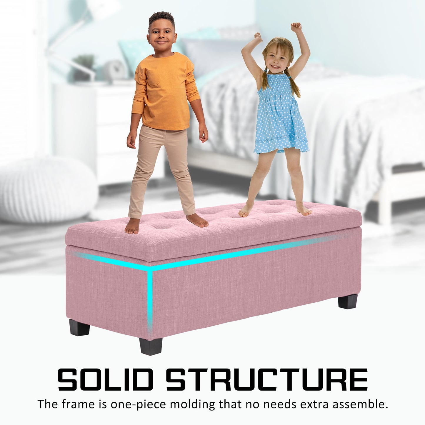 Storage Ottoman Stool 102cm Fabric PINK - Cosy Abode