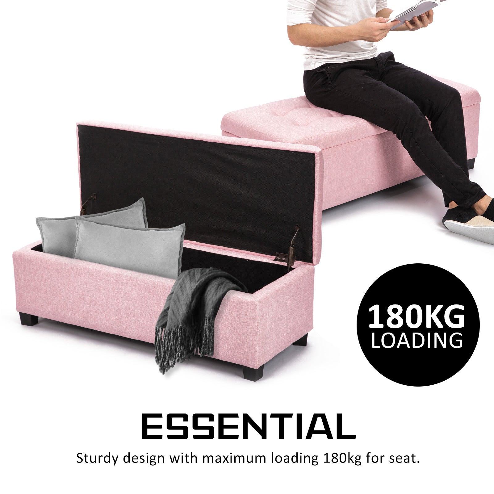 Storage Ottoman Stool 102cm Fabric PINK - Cosy Abode