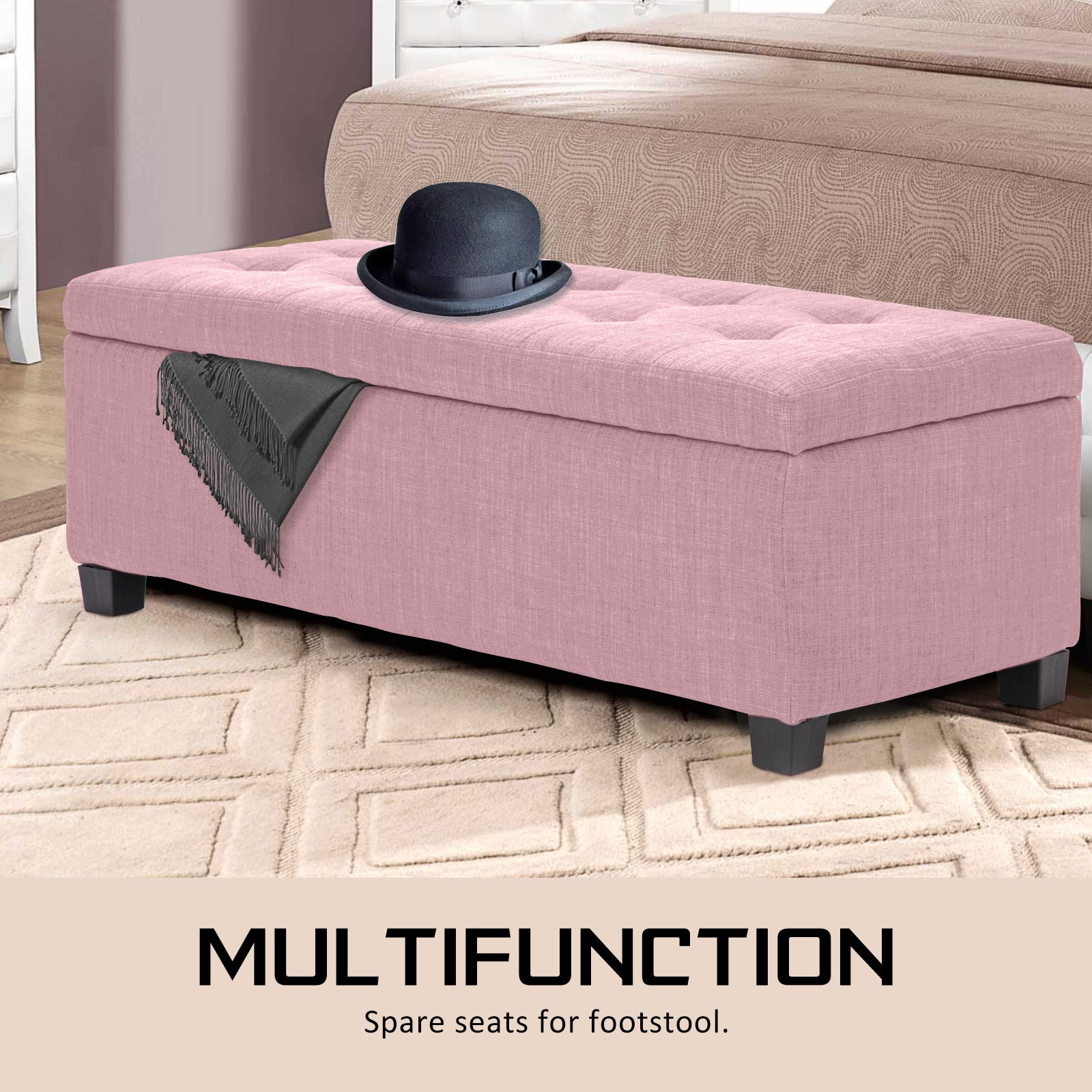 Storage Ottoman Stool 102cm Fabric PINK - Cosy Abode