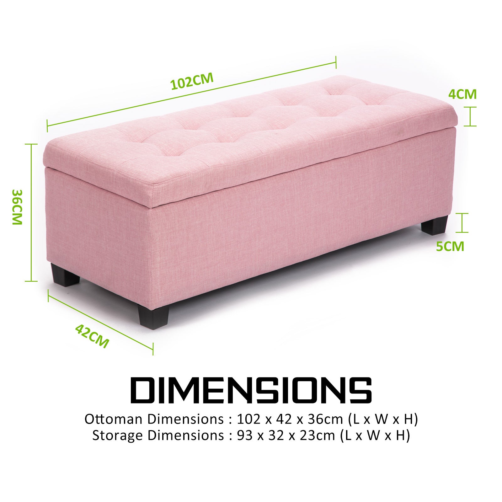 Storage Ottoman Stool 102cm Fabric PINK - Cosy Abode