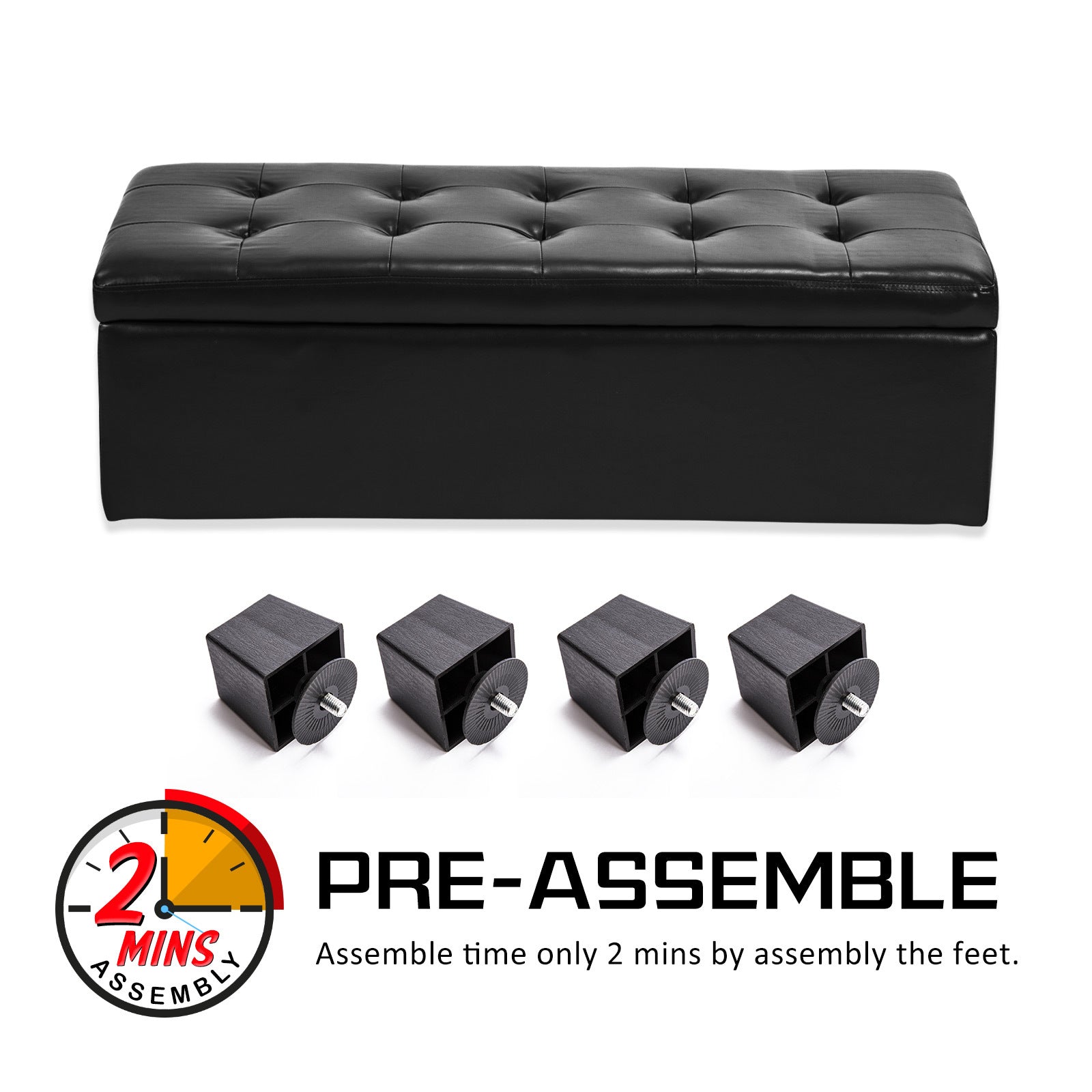La Bella 102cm Black Storage Ottoman Stool Leather - Cosy Abode