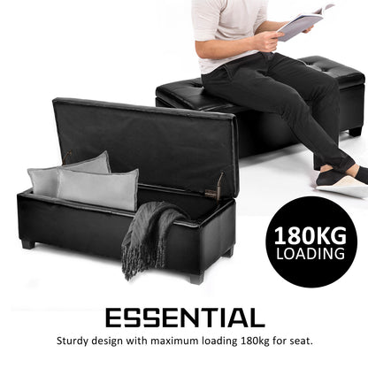 La Bella 102cm Black Storage Ottoman Stool Leather - Cosy Abode