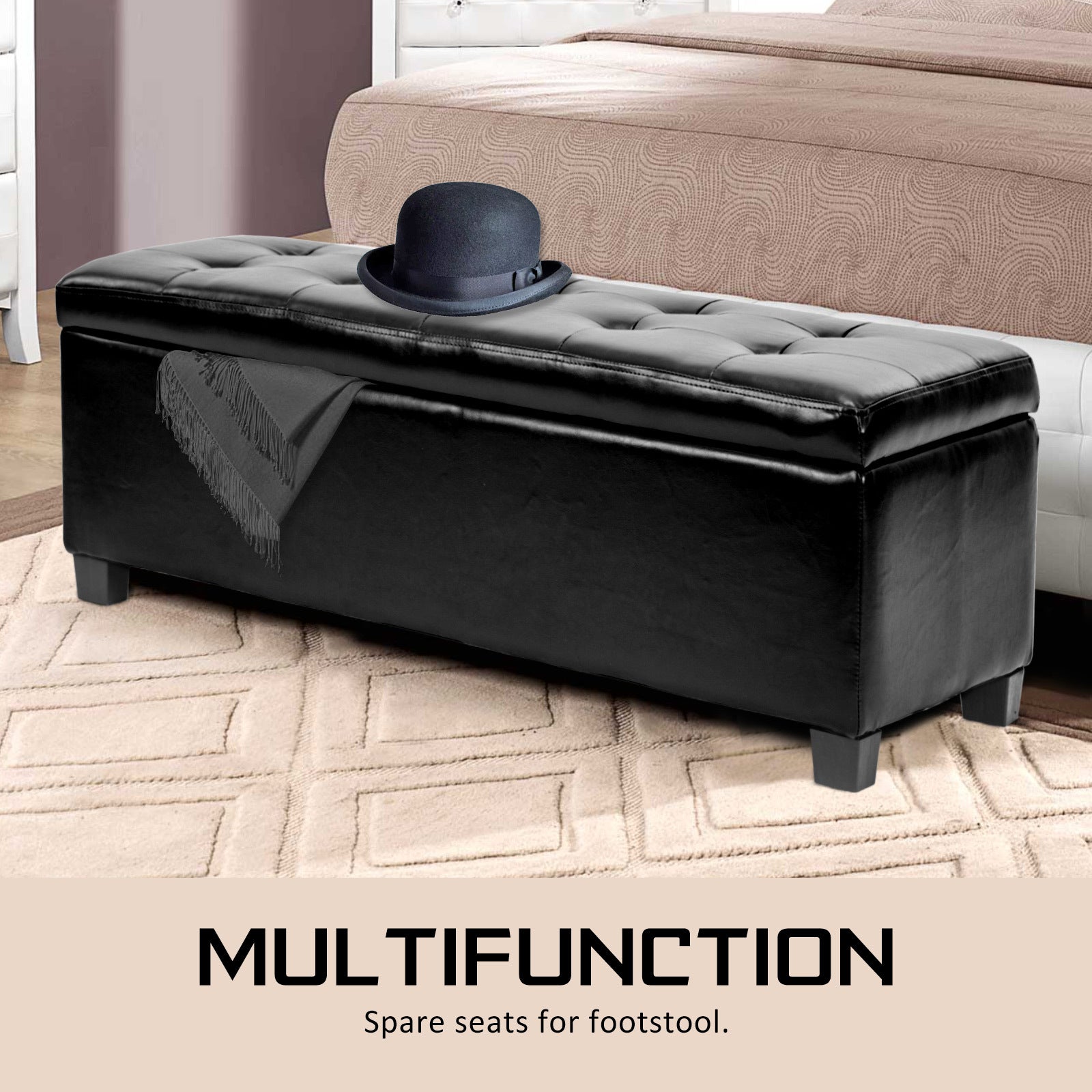 La Bella 102cm Black Storage Ottoman Stool Leather - Cosy Abode