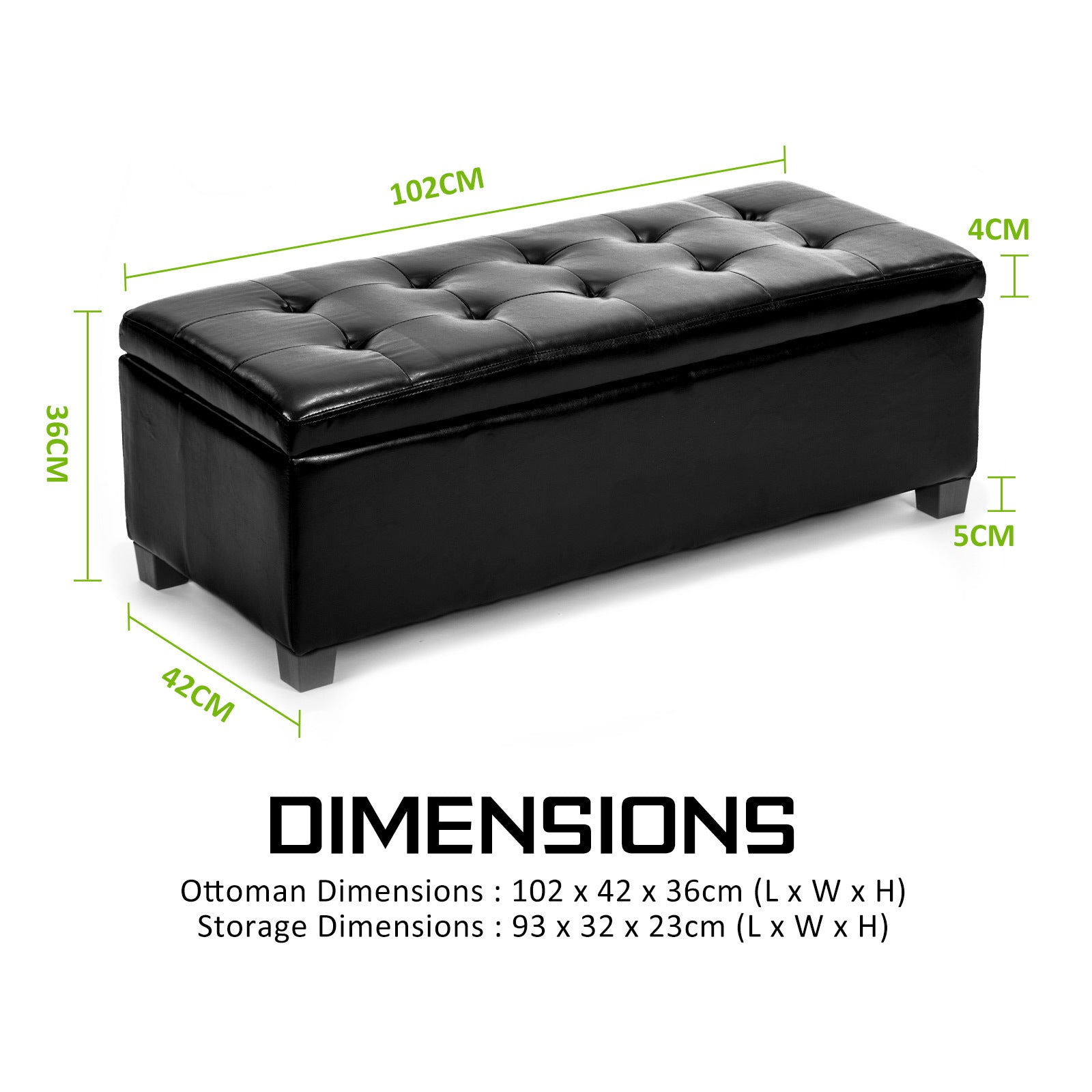 La Bella 102cm Black Storage Ottoman Stool Leather - Cosy Abode