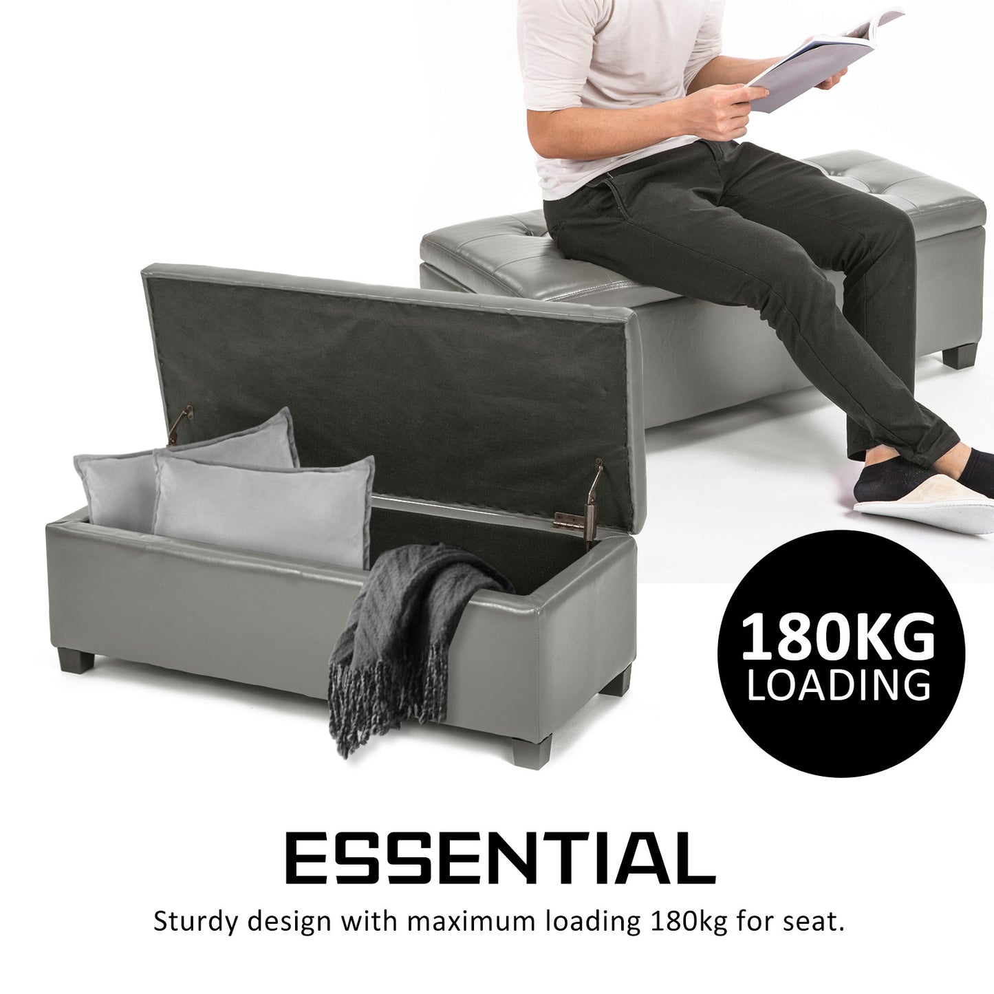 La Bella 102cm Grey Storage Ottoman Stool Leather - Cosy Abode