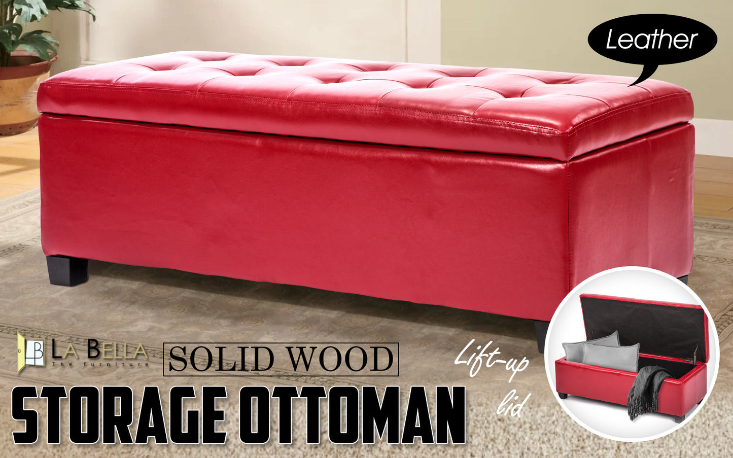 La Bella 102cm Red Storage Ottoman Stool Leather - Cosy Abode