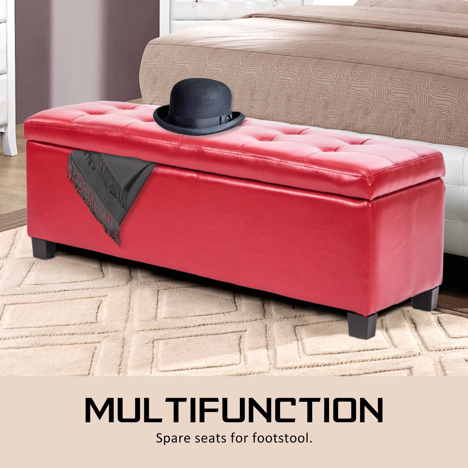 La Bella 102cm Red Storage Ottoman Stool Leather - Cosy Abode