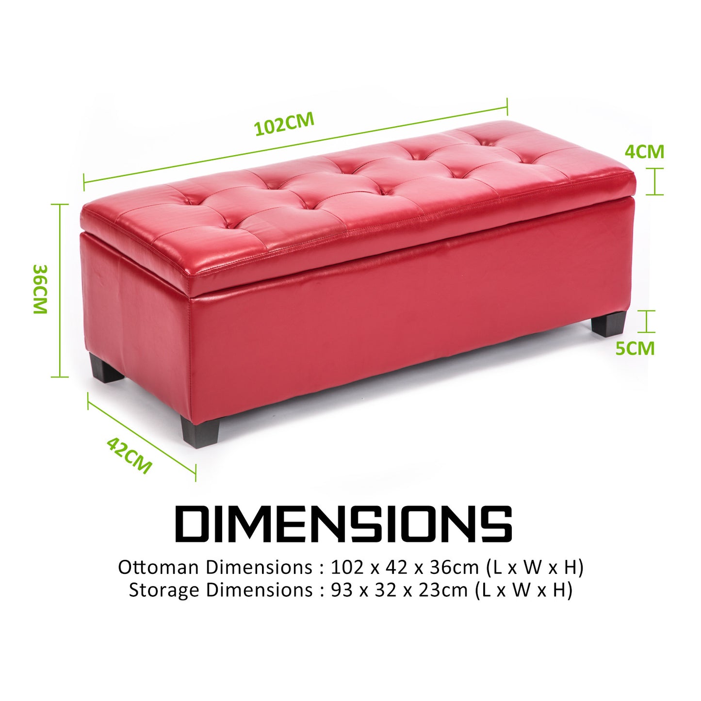 La Bella 102cm Red Storage Ottoman Stool Leather - Cosy Abode