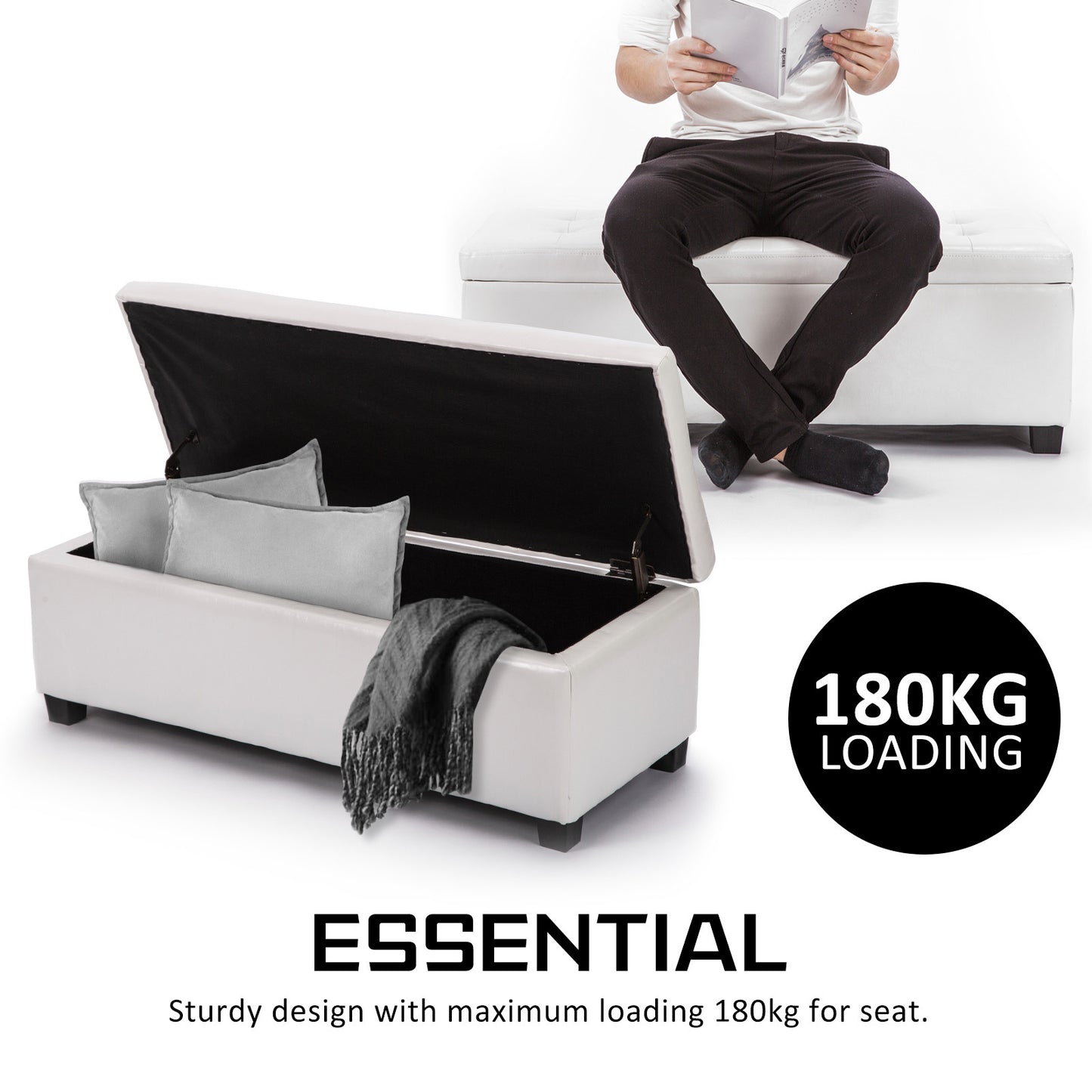 La Bella 102cm Snow White Storage Ottoman Stool Leather - Cosy Abode